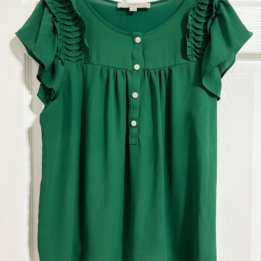 LOFT Green Ruffled Cap Sleeve Blouse